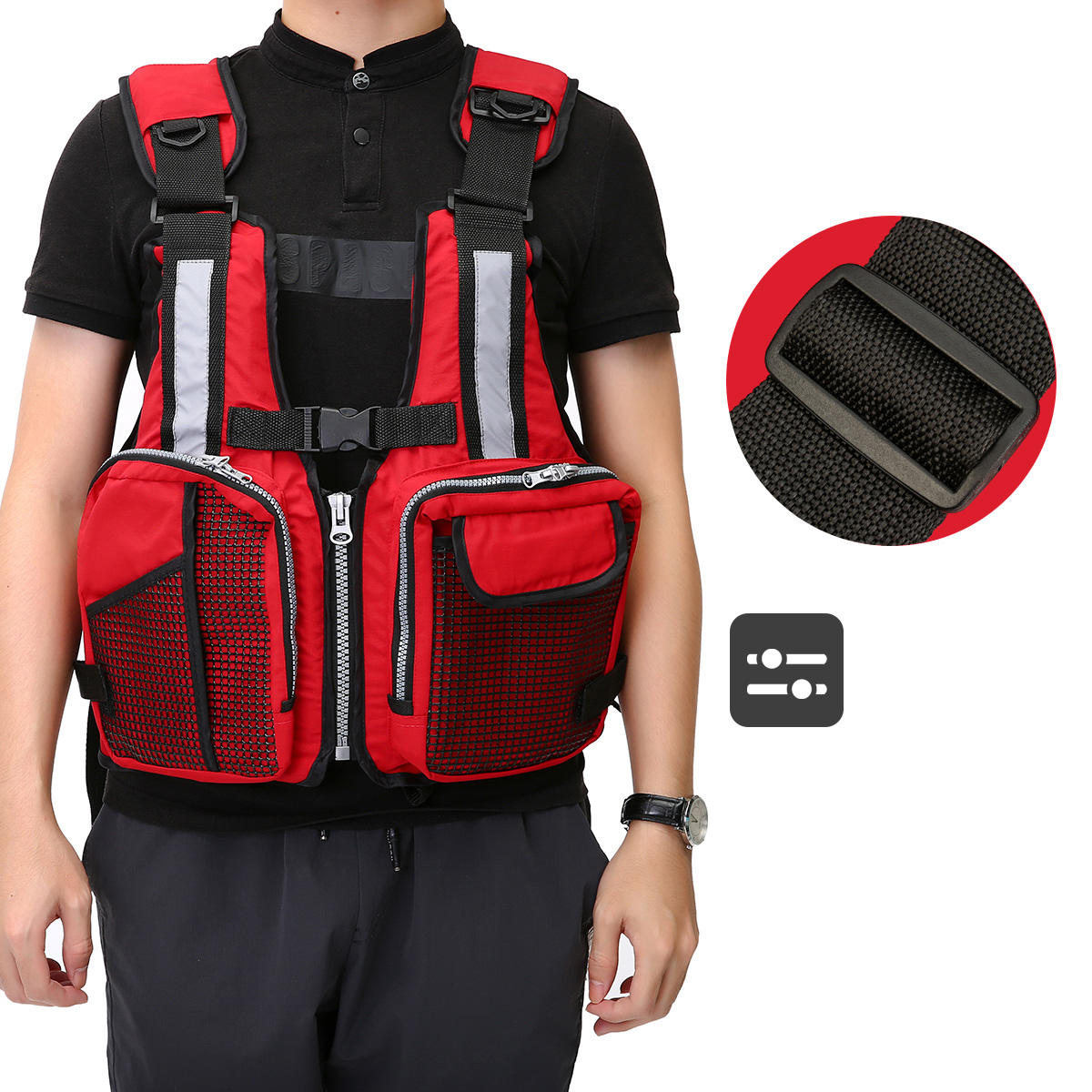 Adult Universal Fishing Life Jacket Sailing Swimming Buoyancy Aid Waistcoat Multi Pocket Reflective Stripe