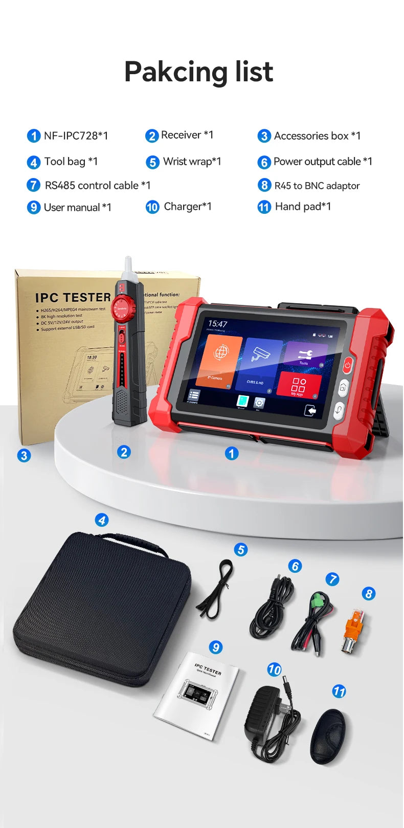 IPC Camera Tester 8 Inch Touch Screen 12V 24V HDMIVGA PoE TDR VFL CVBS AHD TVI CVI IP Camera Tester Optical Power Meter