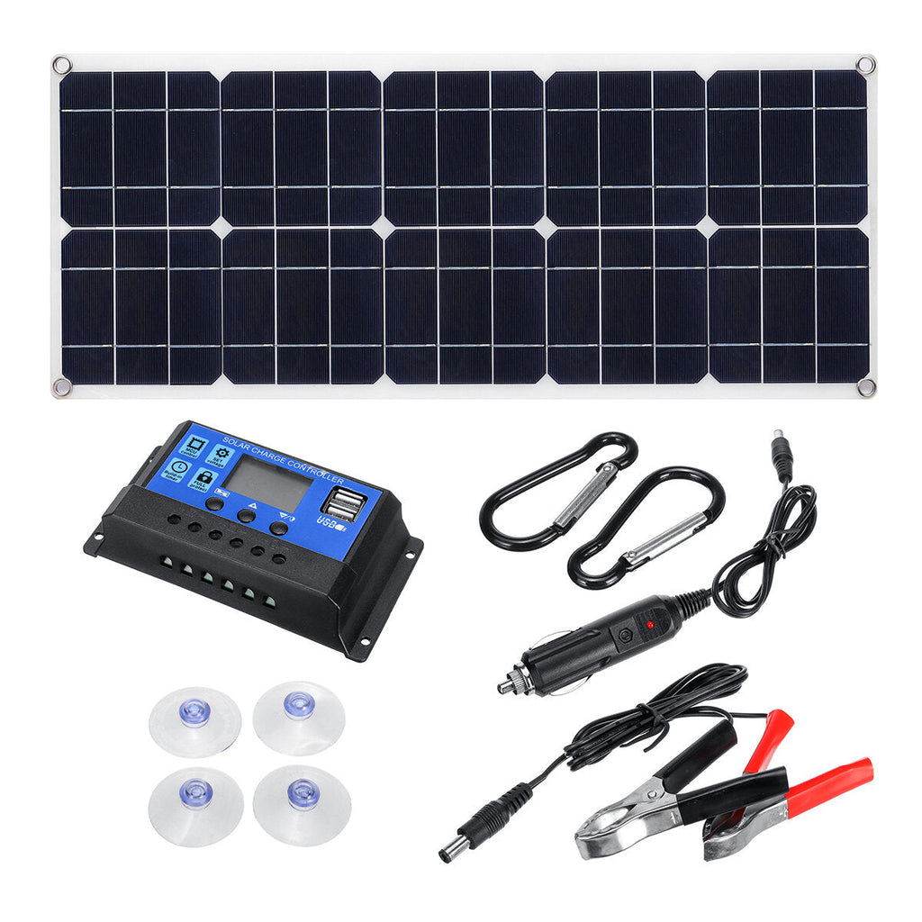 30W 18V Monocrystalline Solar Panel Dual 12V/5V DC USB Charger Kit with 10A Solar Controller & Cables