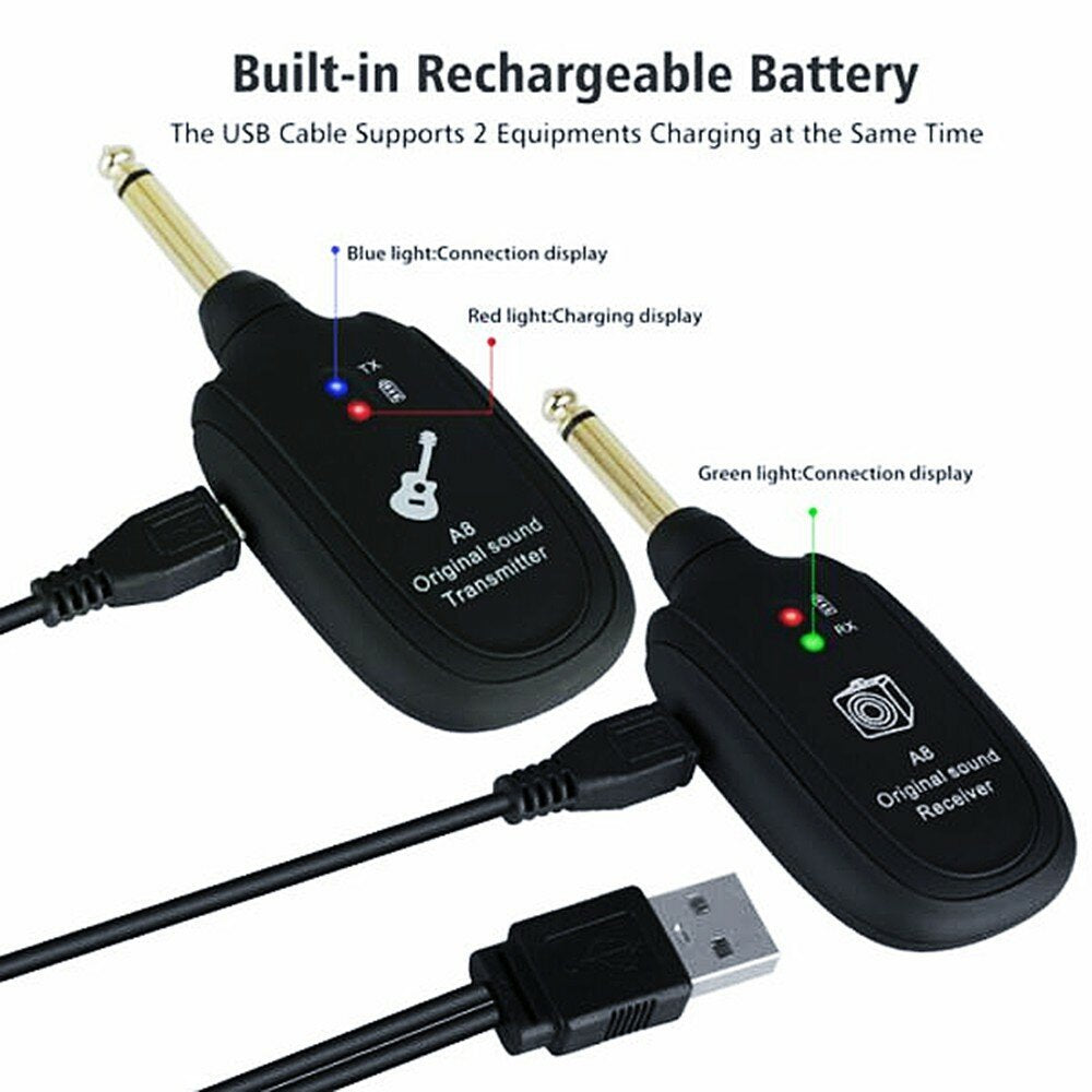 4 Channels Guitar Pickup Wireless System Transmitter Receiver Built-In Rechargeable Lithium Battery + Micro USB Cable