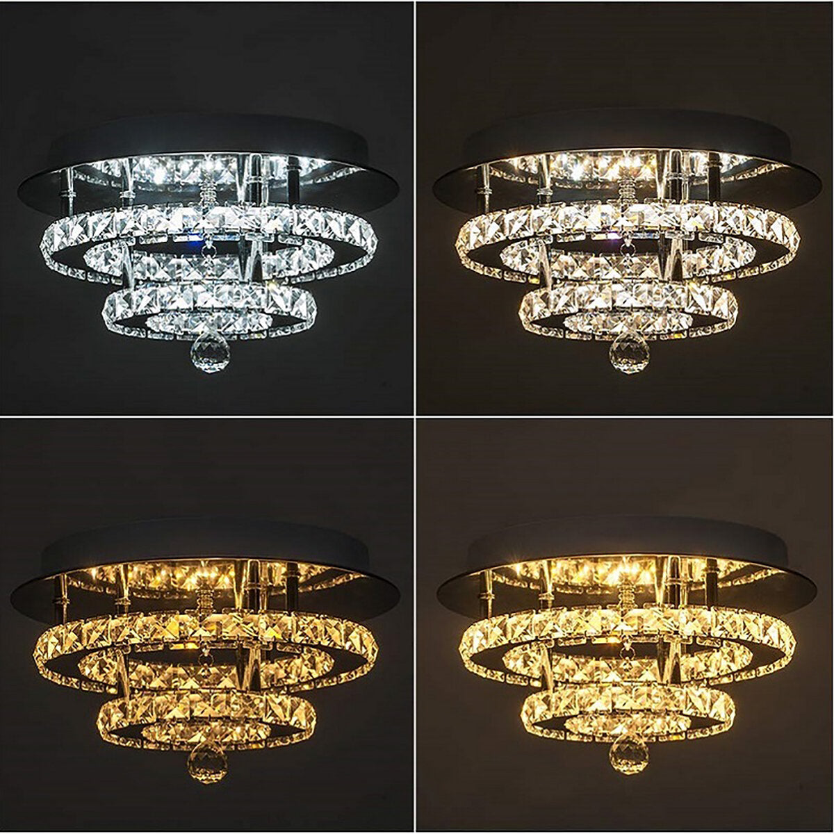 24W/48W Chandelier Crystal Stepless Dimming LED Round Ceiling Light Remote Control Fixture Decor AC100-240V