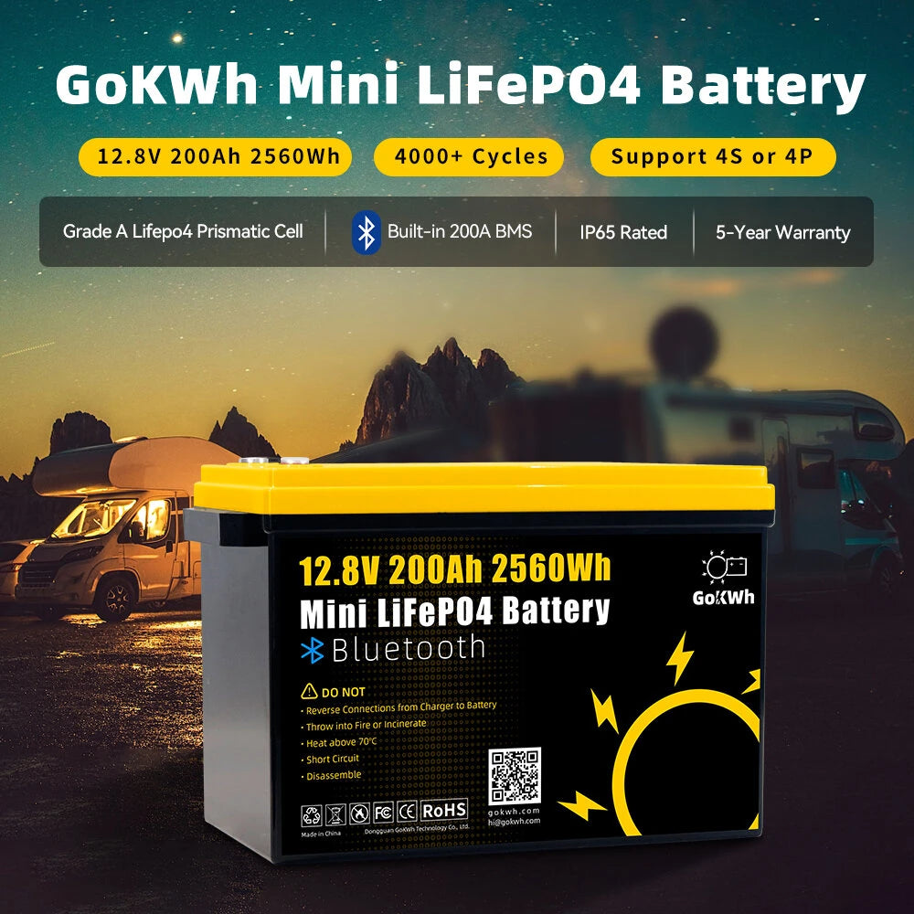 12V 200Ah Mini Bluetooth LiFePO4 Battery Built-in Bluetooth BMS 2560Wh LiFePO4(LFP) IP65 Protection