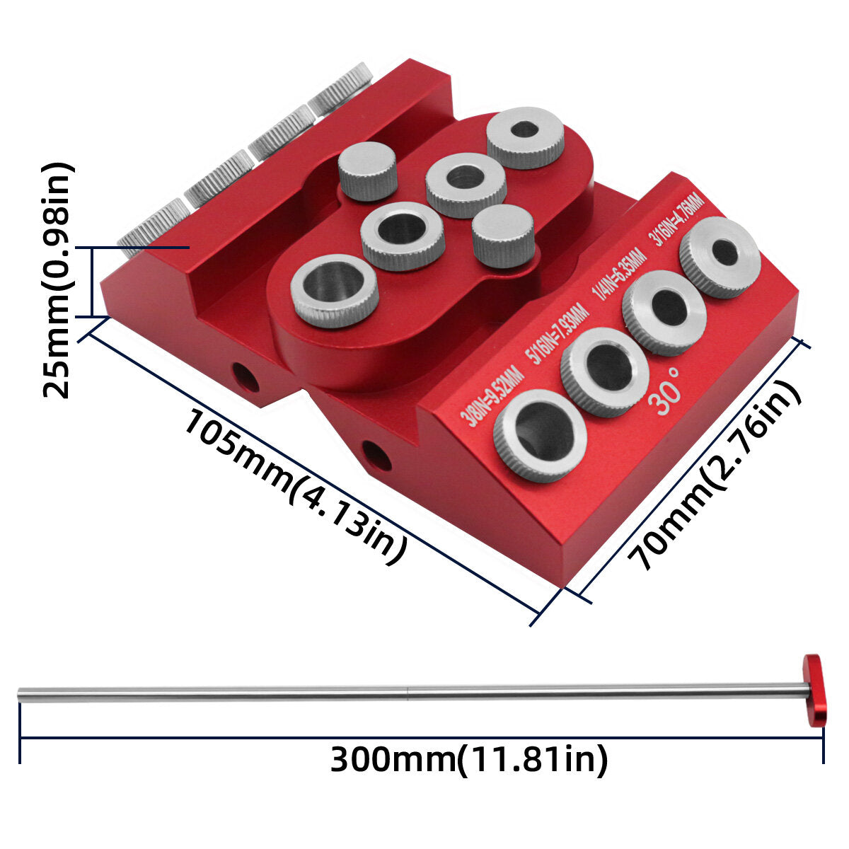 V-Drill Guide: Versatile Aluminum Drill Guide for 30°, 45°, 90° Angles, 4 Hole Sizes, Customizable Center, Extension Bar