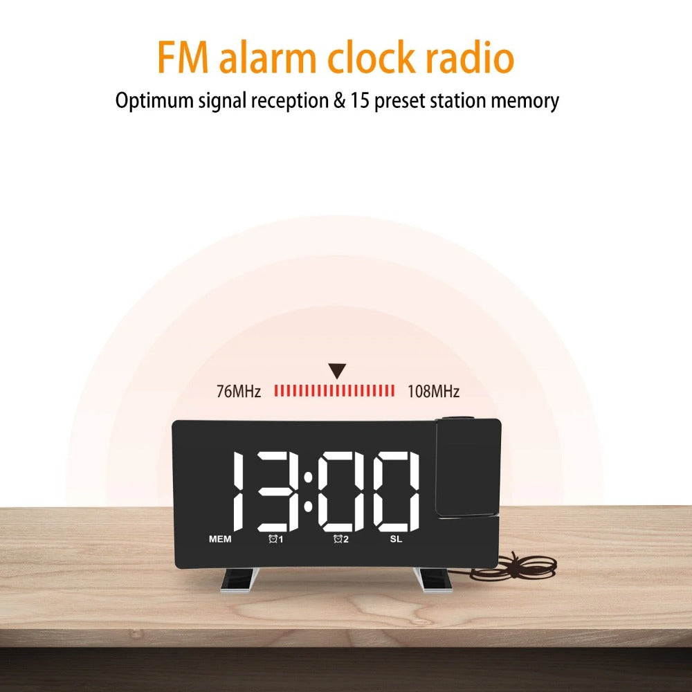 8-Inch Projection Alarm Clock: 180° Projector, FM Radio, Snooze, USB Charger & 3-Level Brightness for Bedroom