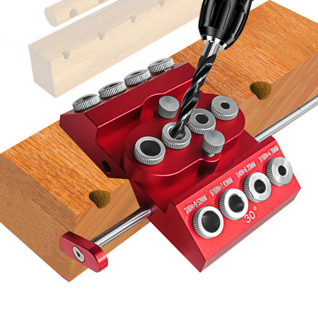 V-Drill Guide: Versatile Aluminum Drill Guide for 30°, 45°, 90° Angles, 4 Hole Sizes, Customizable Center, Extension Bar