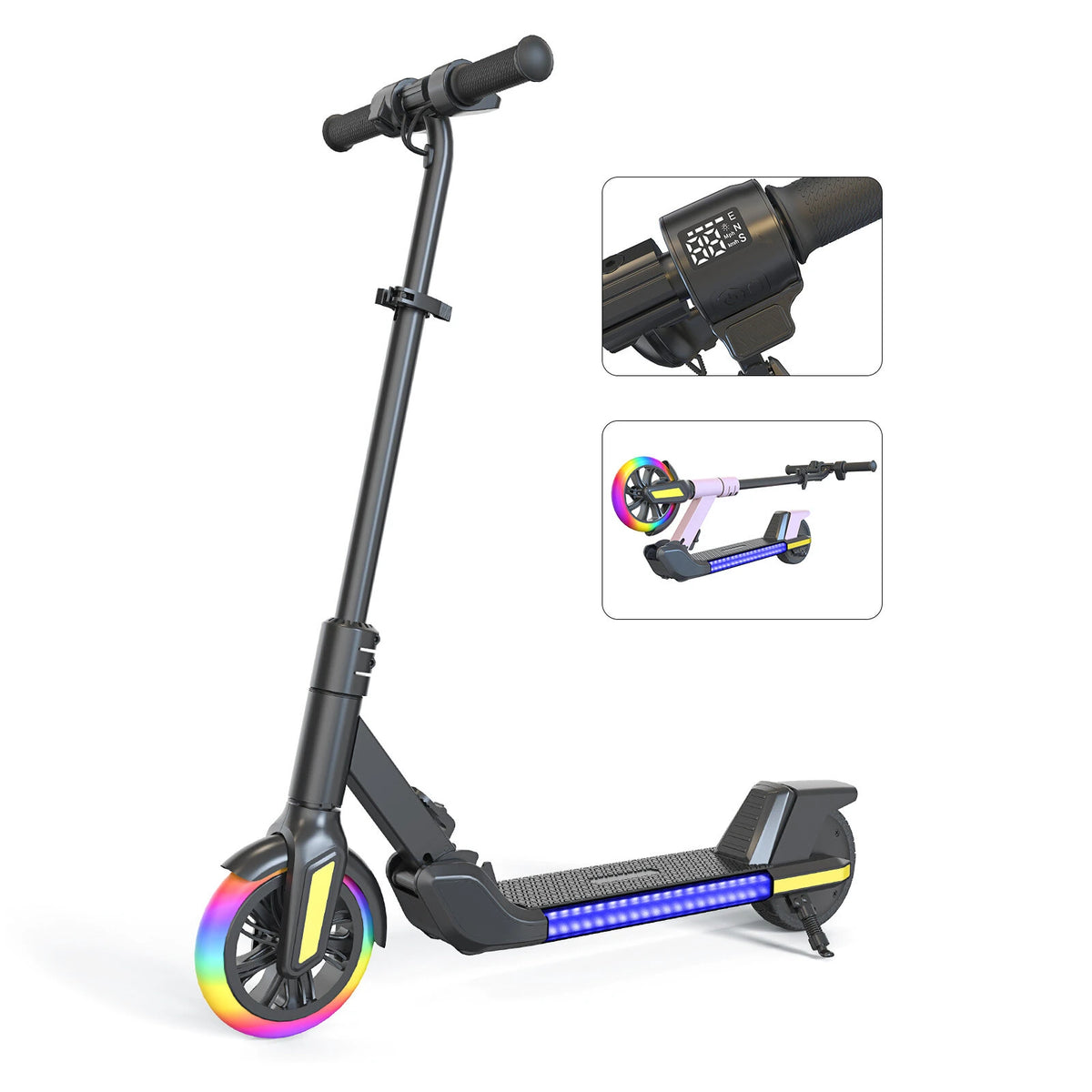 Kids Electric Scooter with LED Lights, 21.6V 2.6AH, 150W Motor, 6 Inch Solid Tires, 10KM/H Top Speed, 8-10KM Range, 70KG Max Load