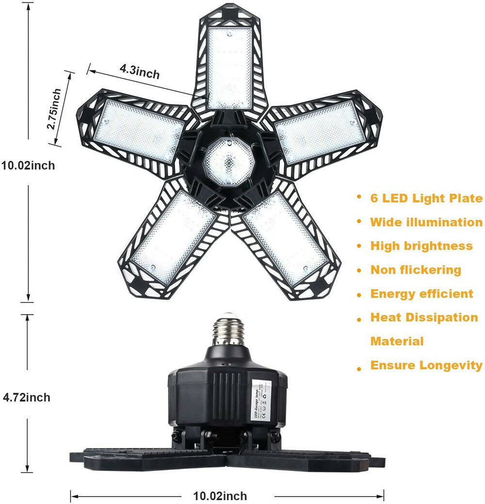LED Garage Light E26/E27 Deformable Ceiling Light  Warehouse Lighting Bulb with 5 Adjustable Panels