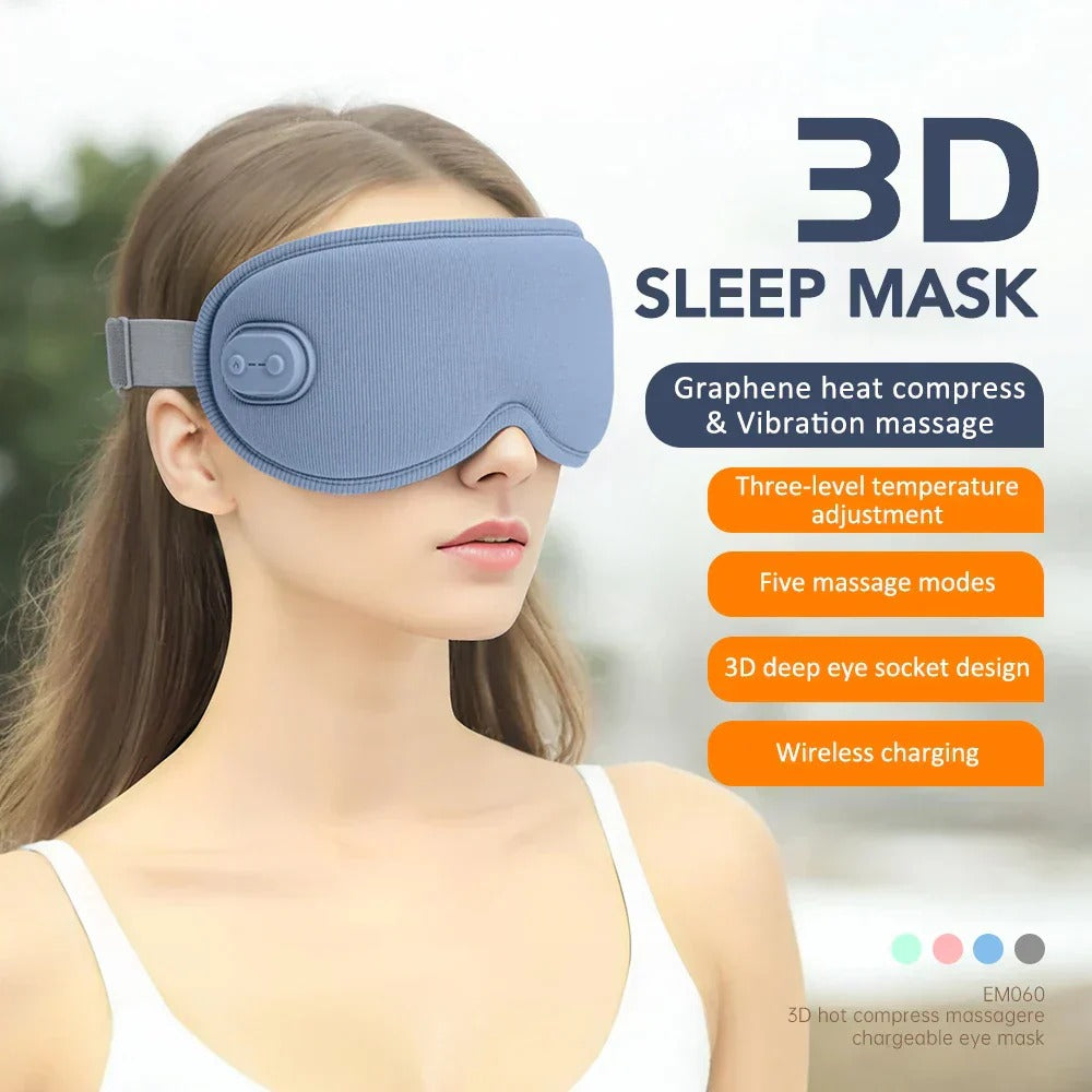 Heated 3D Sleep Eye Mask with Vibration, Hot Compress, Adjustable Temperature, Reduces Dark Circles & Puffiness - Blue