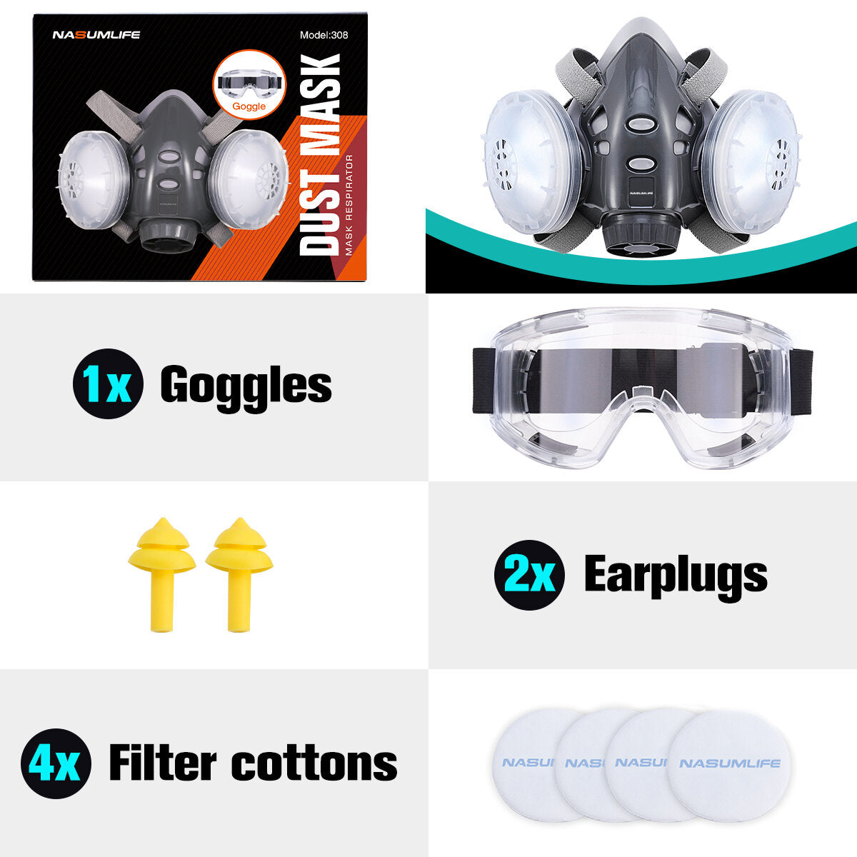 Respiratory Face Cover Mask Reusable Glasses Goggle with Ear Plugs Filters for Dust Protection Polishing
