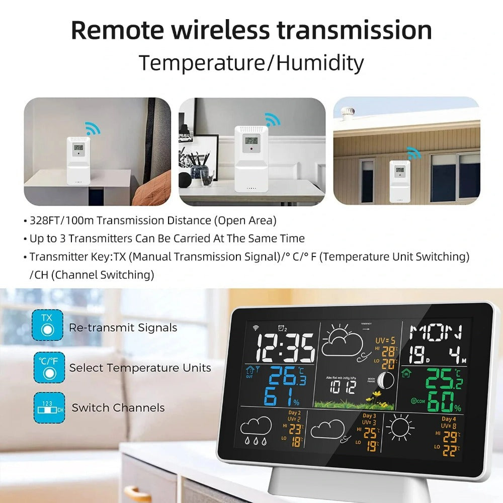 Wifi Wireless Weather Station Alarm Clock With 7.5 Inch Display / Atomic Clock / Weather Forecast / Outdoor Thermometer / Air Pressure / Moon Phase