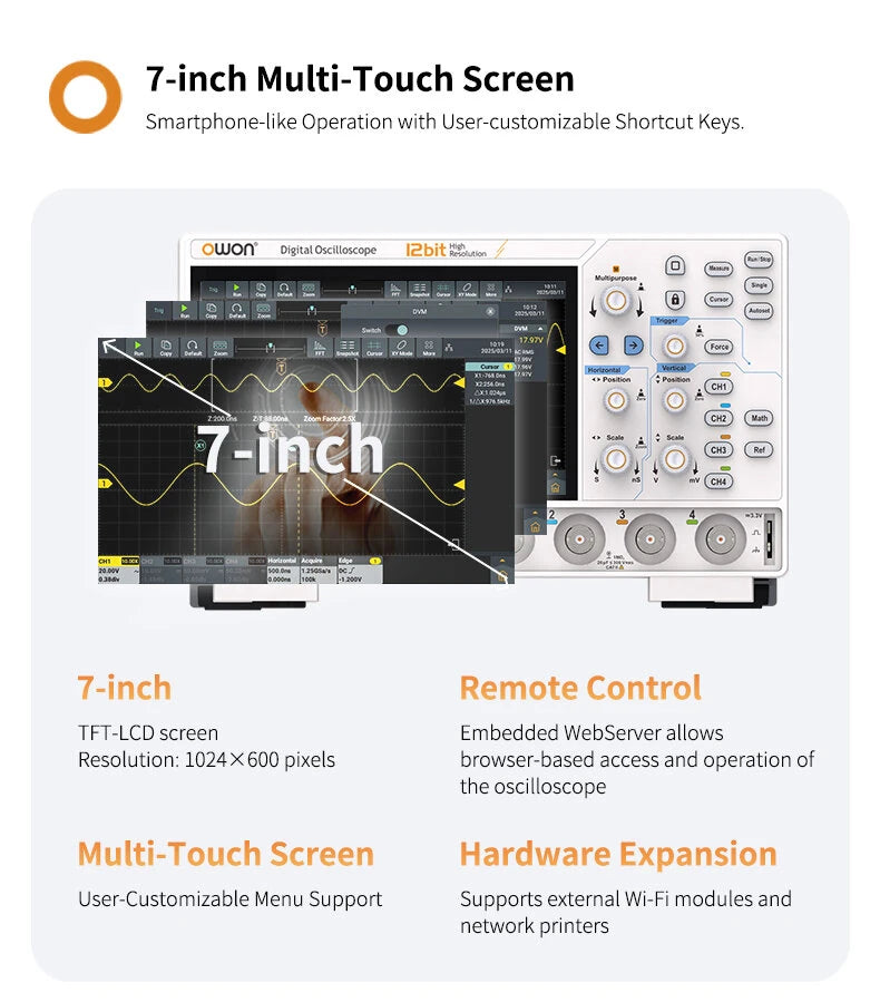 Digital Oscilloscope 2 Channels 1.25GSa/s 12-bit 7-inch Display USB HDM LAN Connectivity