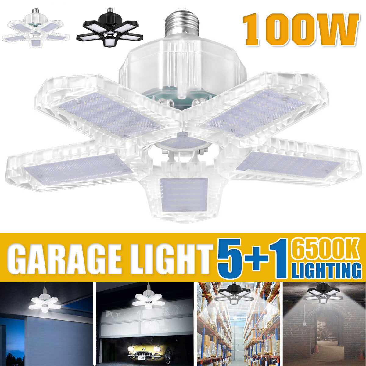 E27/E26 LED Bulb Super Bright Foldable Garage Light Fan Blade Ceiling Lamp 100W
