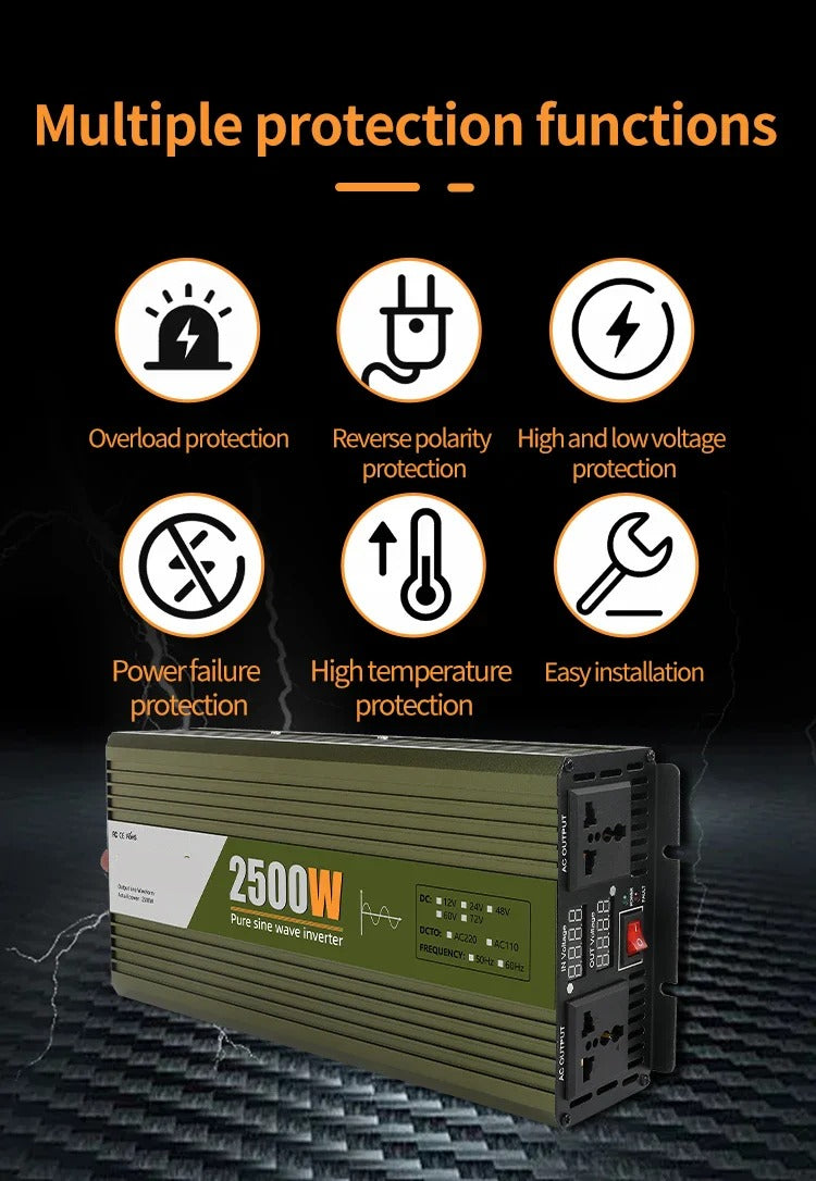 GreenZech DM 2500 Inverter | 2500W Full Power Pure Sine Wave | 12V 24V 48V 60V 72V to 110V 220V AC Converter