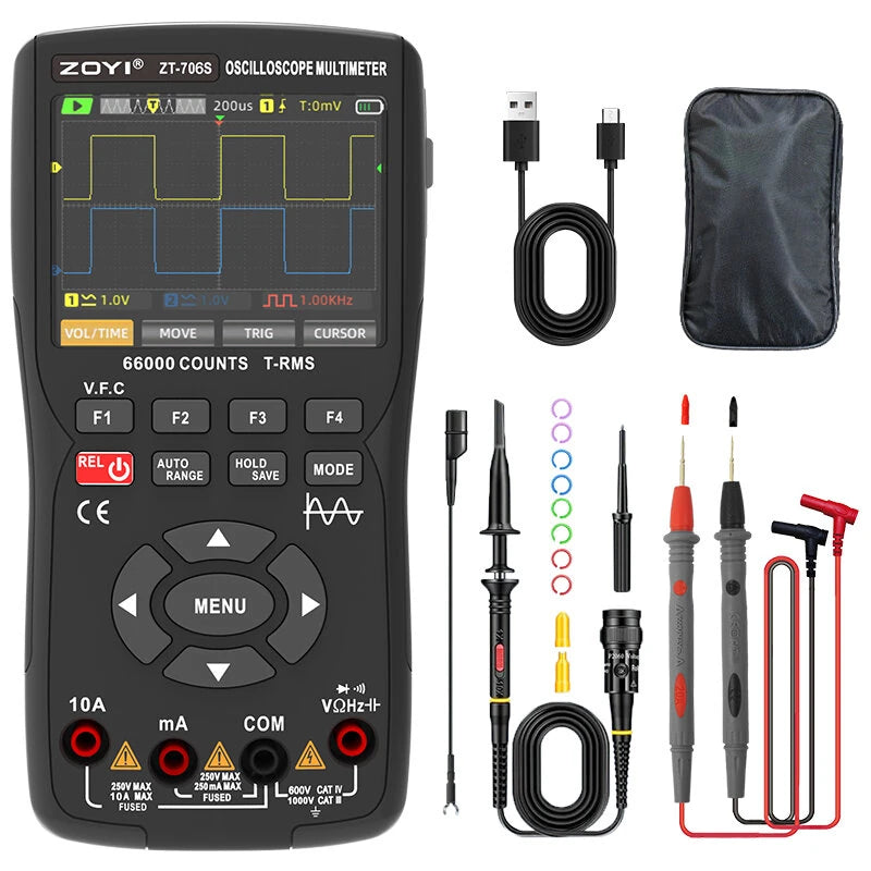 Handheld Oscilloscope Multimeter 3-In-1 Dual Channel 50MHz 280MSa/s 66000 Counts Signal Generator IPS Display