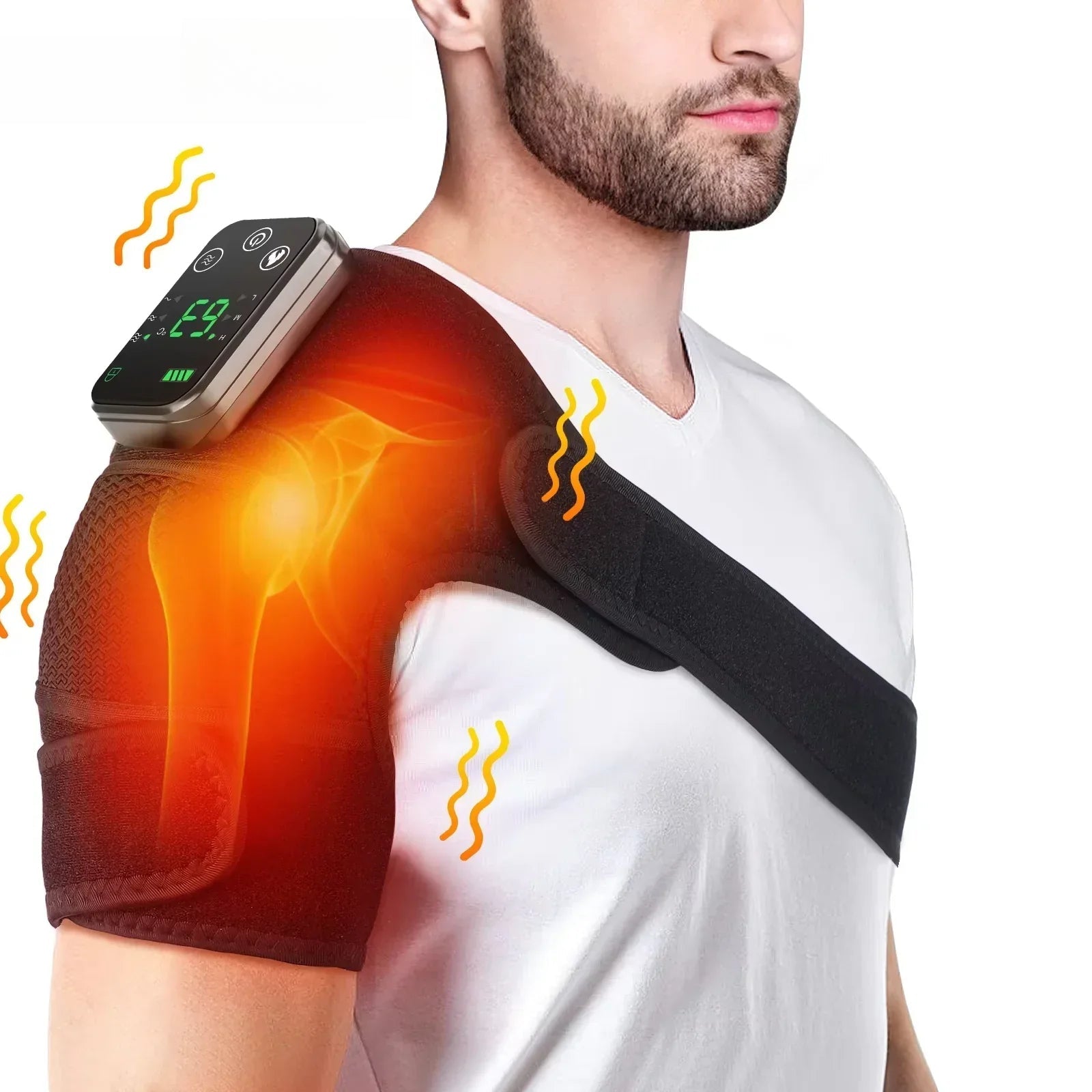 Heated Massage Shoulder Pad with 3 Temperature Settings, Vibration Modes, and Digital Controller - Black/Grey