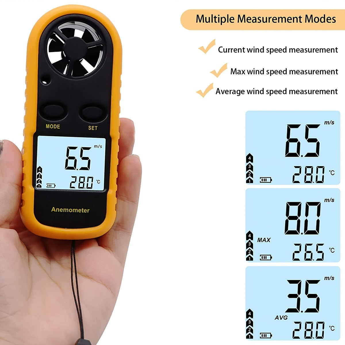 Mini Handheld Anemometer Wind Speed Temperature Gauge With Digital LCD Display