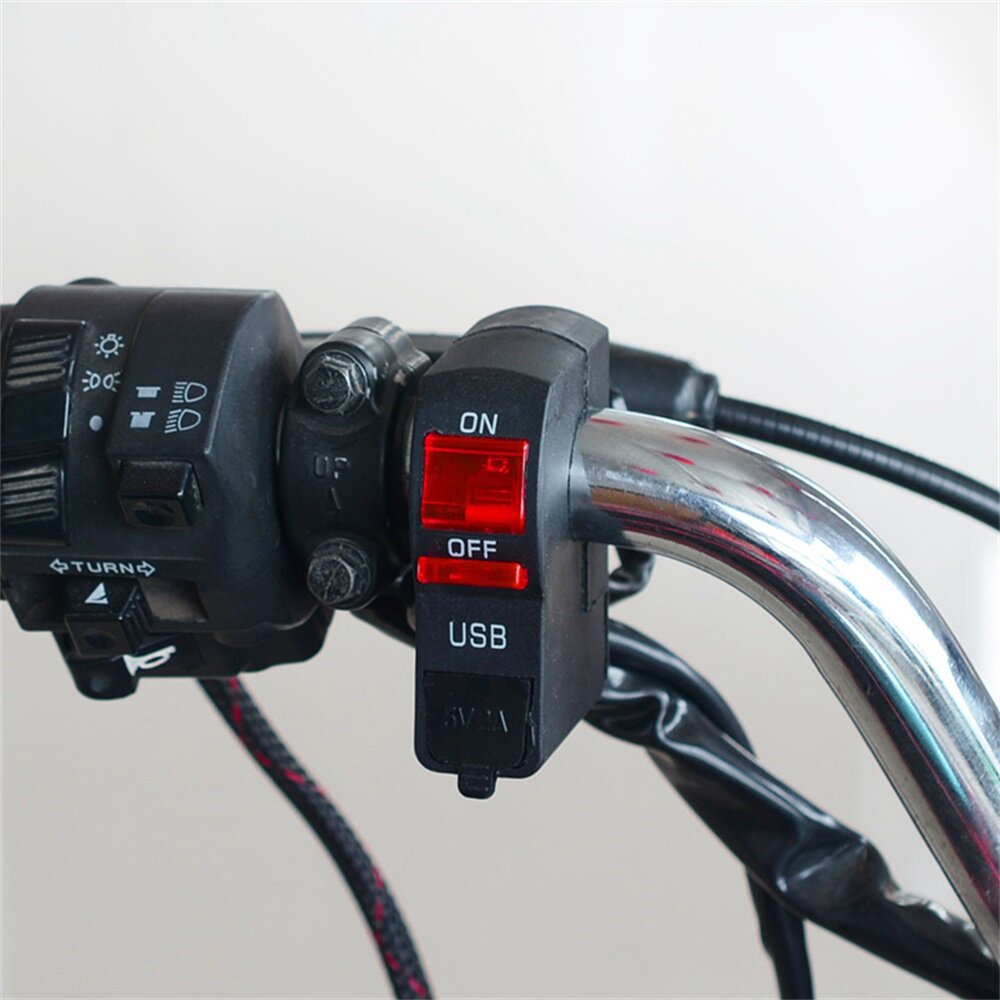 12V Motorcycle USB Charging Light ON OFF Handlebar Switch with Indicator Light Waterproof ATV Fog Spot