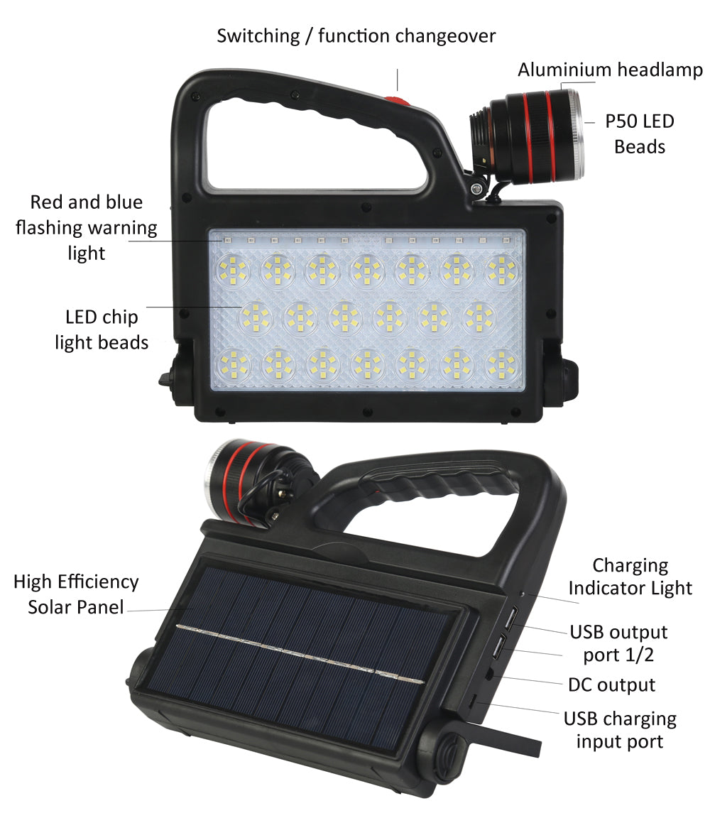 Solar Work Light 6 Modes Lighting USB Solar Recharging Multifunction Warning Spotlight Waterproof LED Hand Lamp