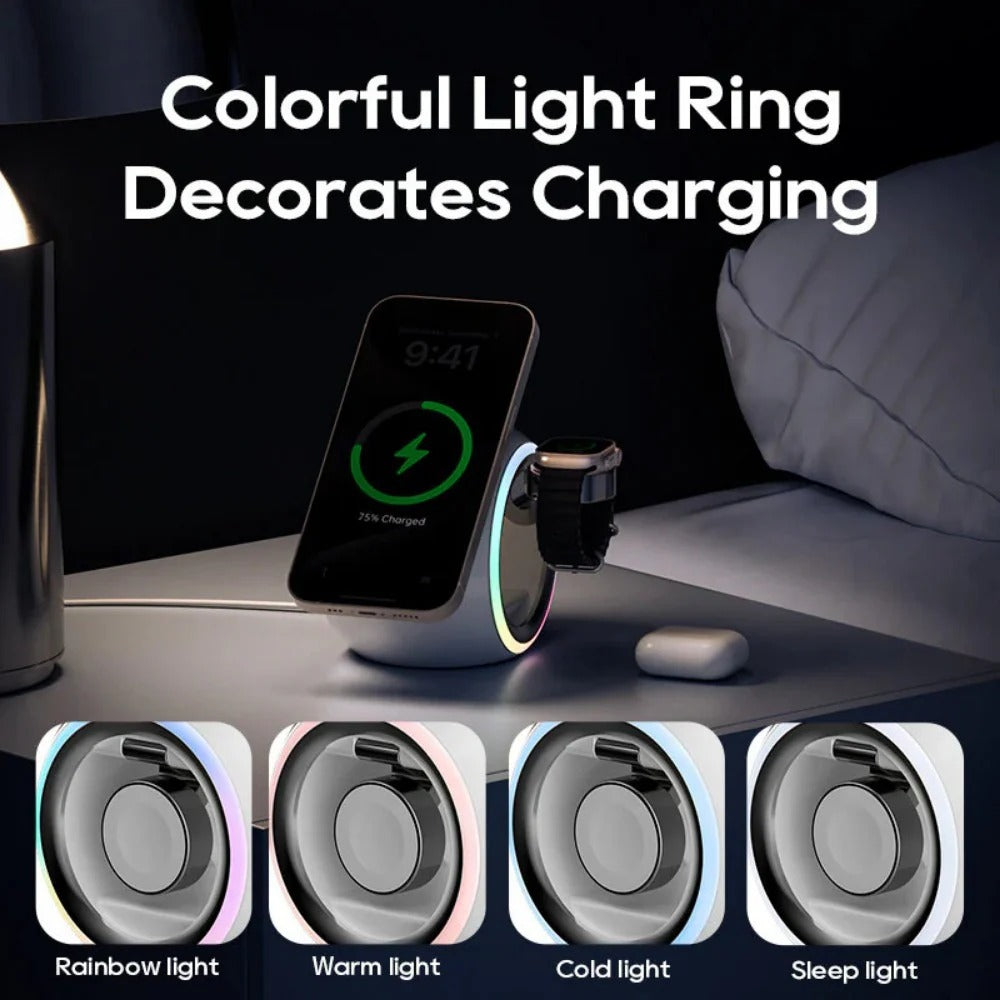 3-in-1 Wireless Charger for Phone, AirPods & Apple Watch - Capsule with 360° Rotation & Colorful Lighting, Safe Charging