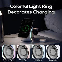 3-in-1 Wireless Charger for Phone, AirPods & Apple Watch - Capsule with 360° Rotation & Colorful Lighting, Safe Charging