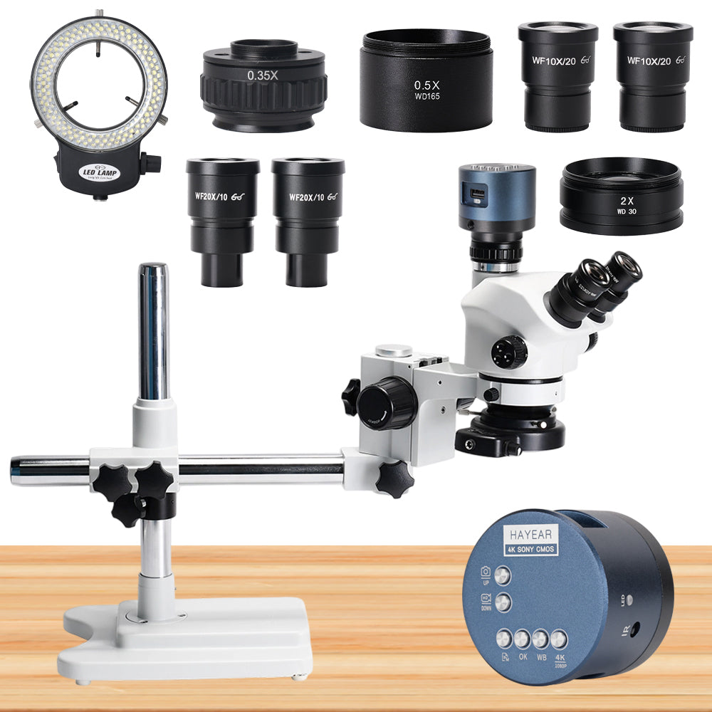 3.5X-200X Magnification Simul-Focal Trinocular Stereo Microscope 4K HDM Camera 144 LED Ring Light Metal Boom Stand Precision Imaging