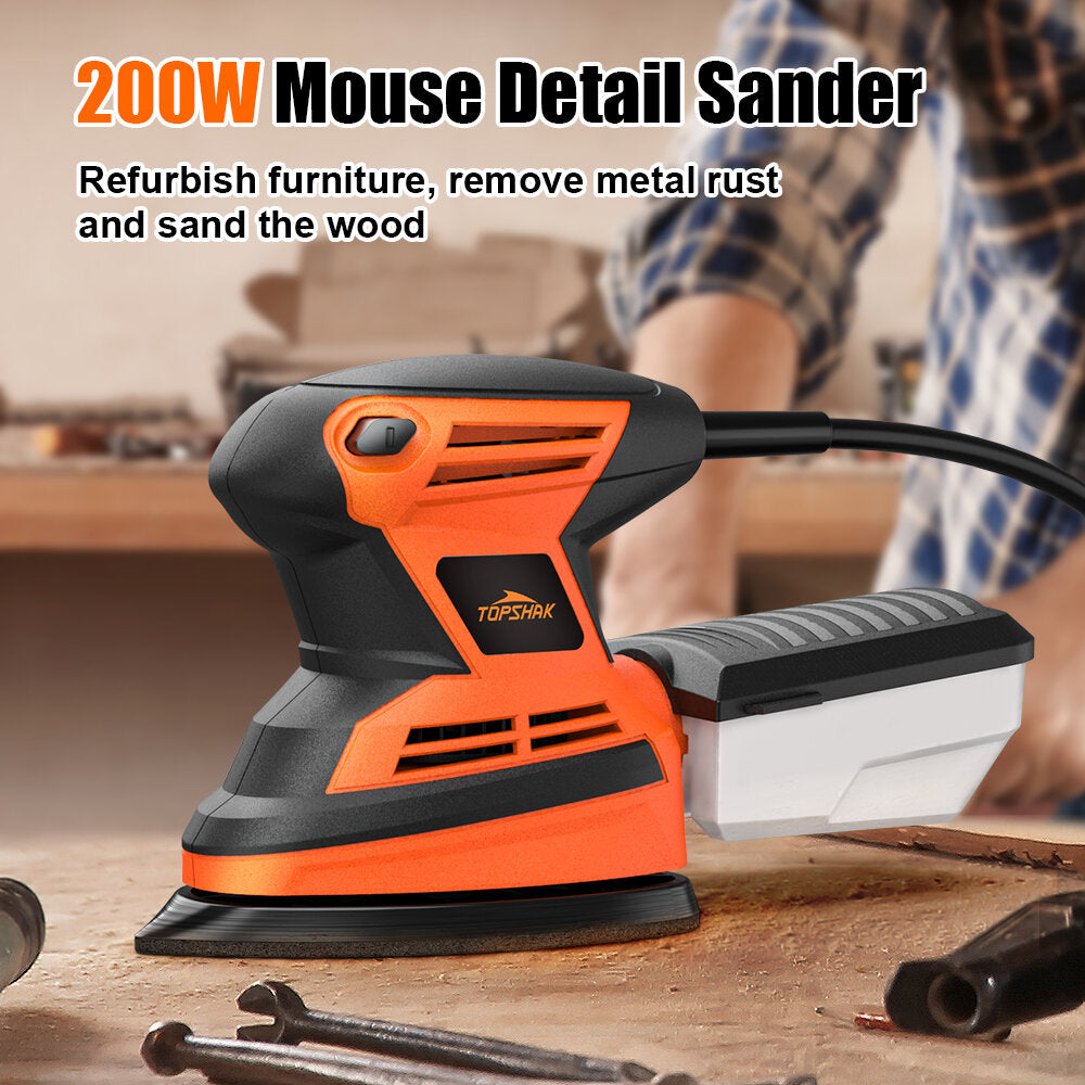 200W Mouse Detail Sander Small Sander with 12Pcs Sandpapers Dust Collection Box Hand Sander
