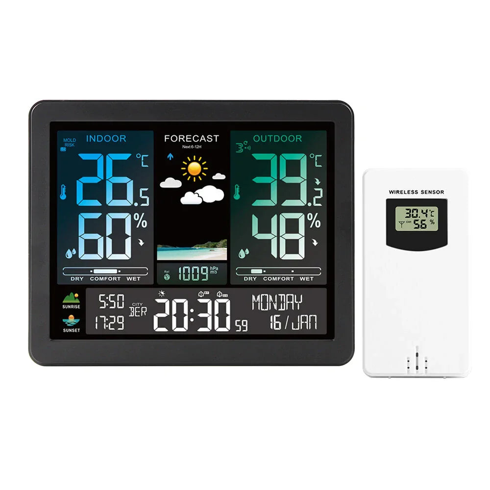 Weather Station Alarm Clock Wireless Indoor Outdoor Thermometer with Atomic Clock Forecast Station with Calendar and Adjustable Backlight