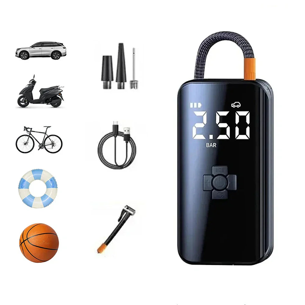 80W Smart Wireless Bike Pump - 150PSI, 3600mAh, Digital Display, Quiet, for Motorcycle/Car/Bike/Boat/Ball