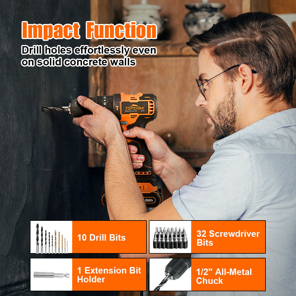 20V 13mm Brushless Impact Electric Drill 45N.m Torque 0-1650RPM Variable Speed