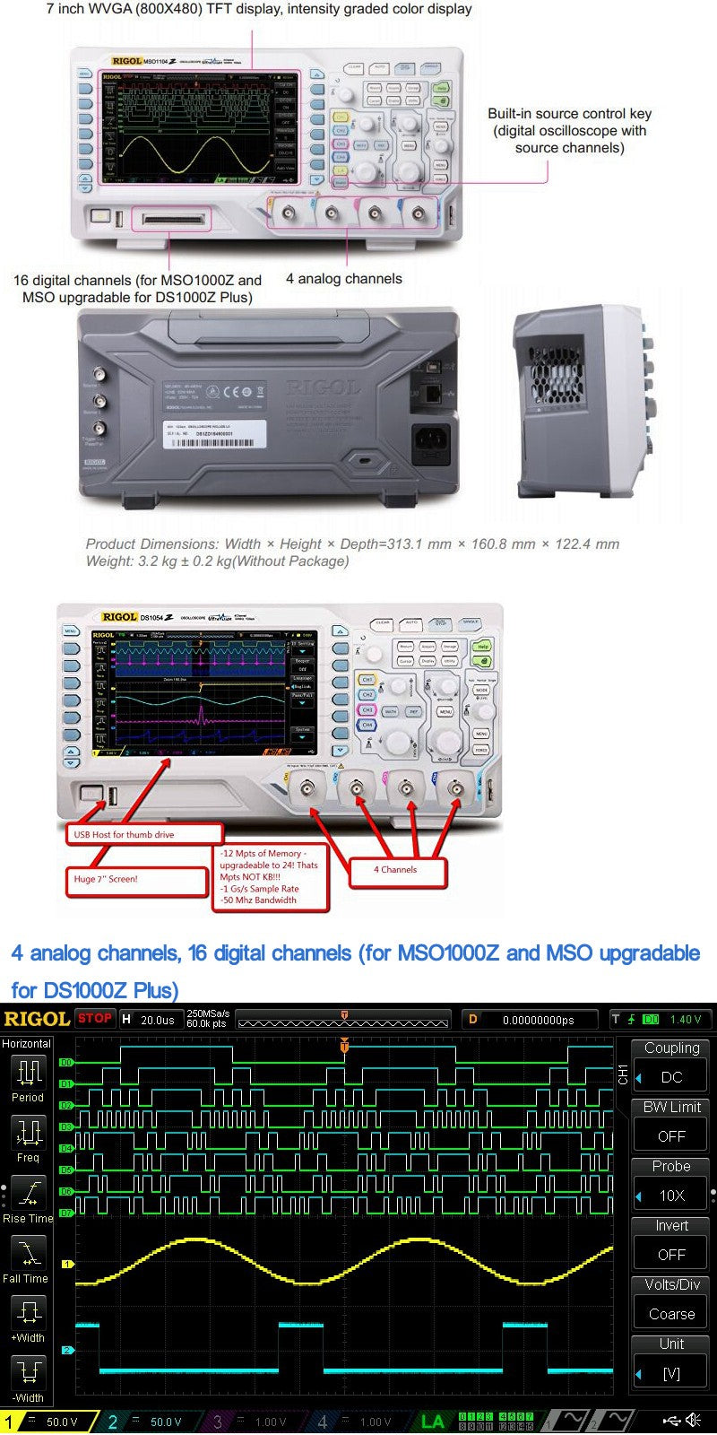 Oscilloscope Digital 4 Channels 50MHz Bandwidth 1GS/s 7inch WVGA 12Mpts 30,000wfm Oscilloscope
