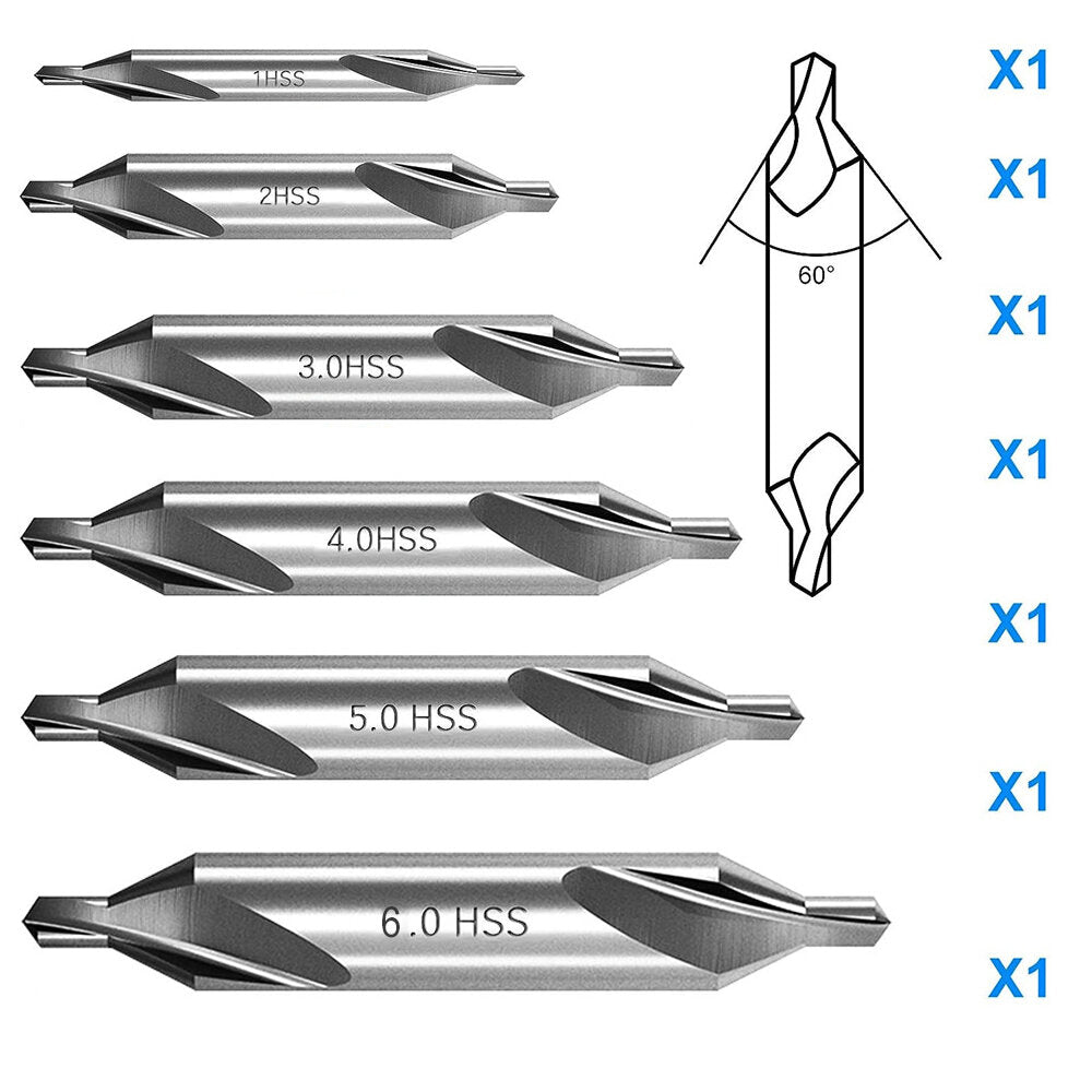 6-Piece High-Speed Steel Center Drill Bit Set (1.0mm-6.0mm) for Precision Hole Positioning and Countersinking