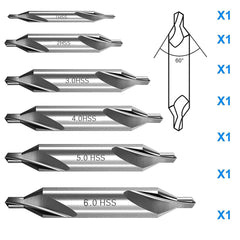 6-Piece High-Speed Steel Center Drill Bit Set (1.0mm-6.0mm) for Precision Hole Positioning and Countersinking