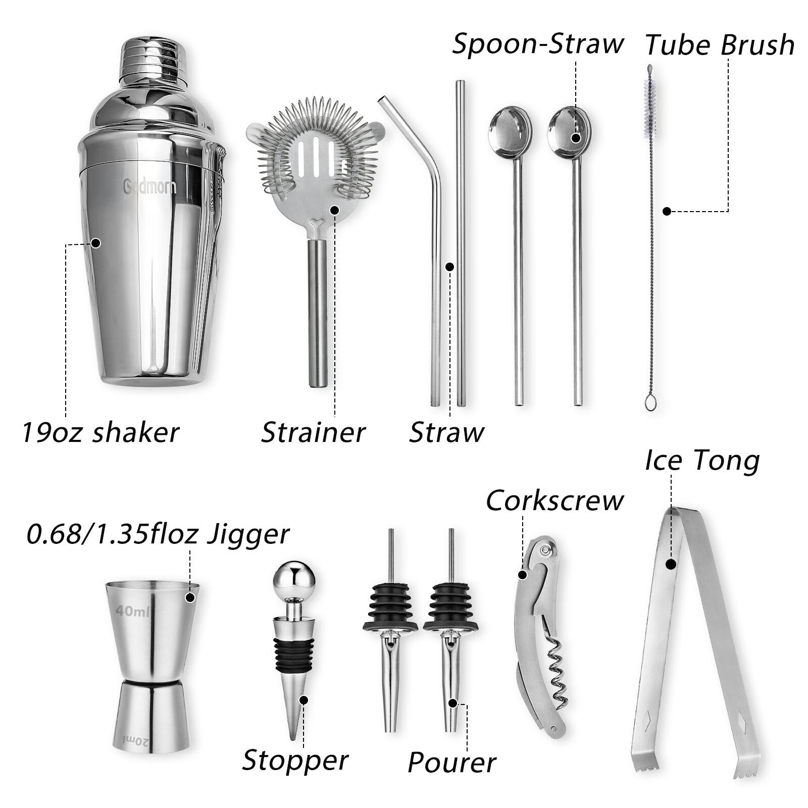 Cocktail Set Stainless Steel Cocktail Shaker Set 14 Piece with Better Bamboo Stand