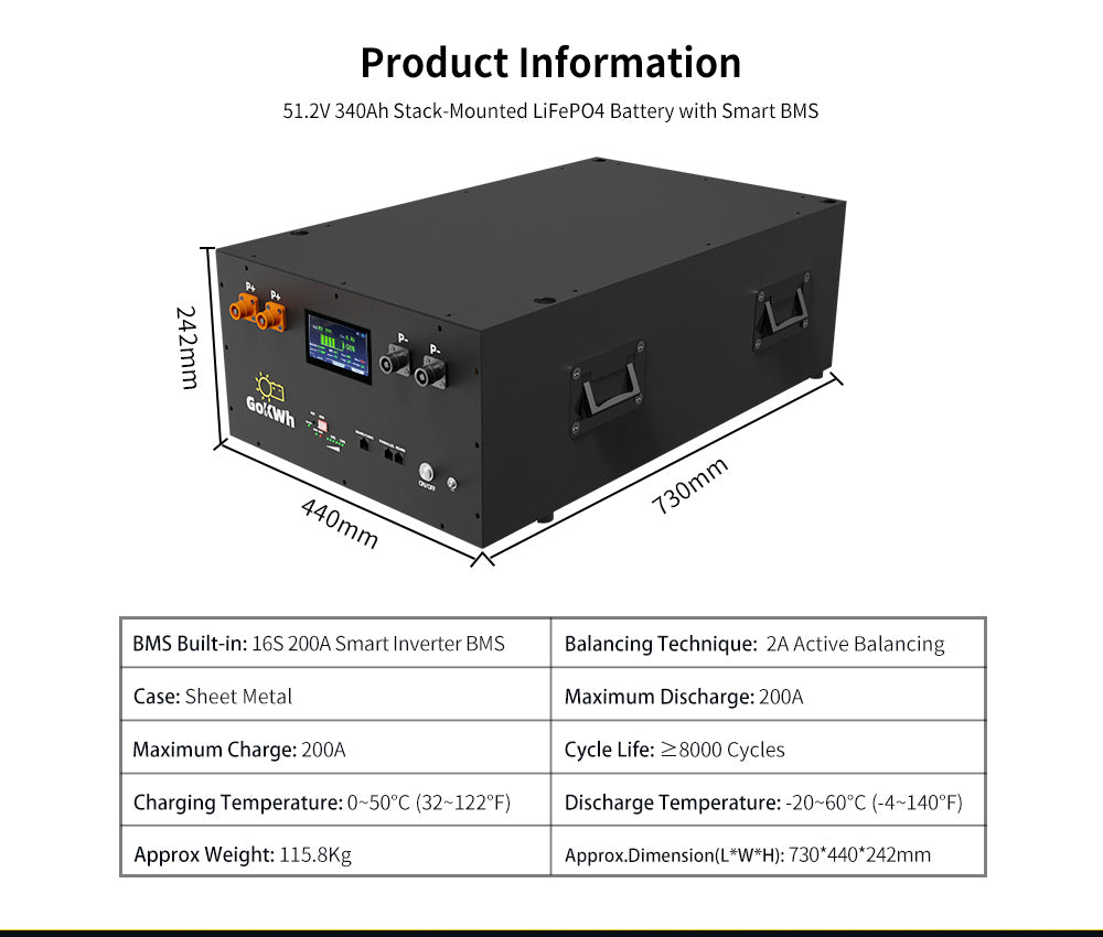 51.2V 340Ah LiFePO4 Lithium Battery Pack Energy Storage Box with Touch LCD Screen