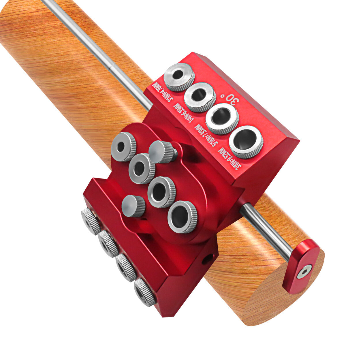 V-Drill Guide: Versatile Aluminum Drill Guide for 30°, 45°, 90° Angles, 4 Hole Sizes, Customizable Center, Extension Bar