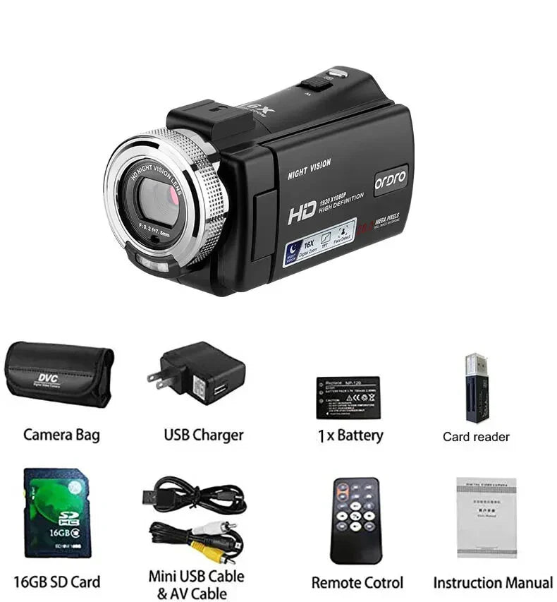 Digital Video Camera 1080P 30MP HD Infrared Night Vision 16X Zoom Portable Camcorder 3 Inch TFT Screen Video Camera Camcorder
