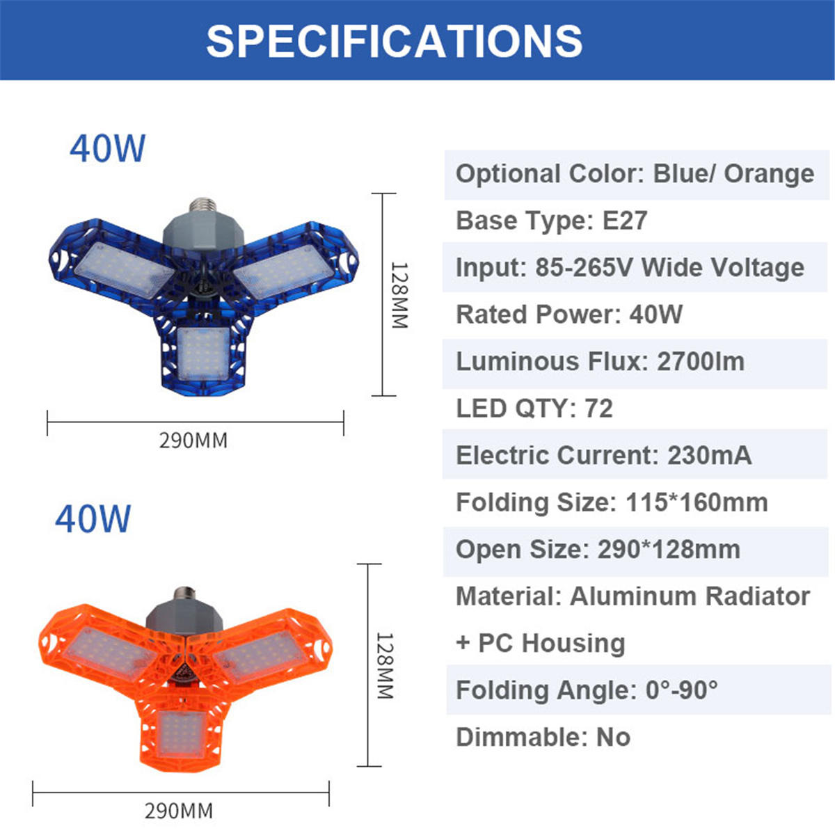 E27 LED Bulb 40W Deformable Garage Light 360Angle Foldable Ceiling Lamp AC85-265V