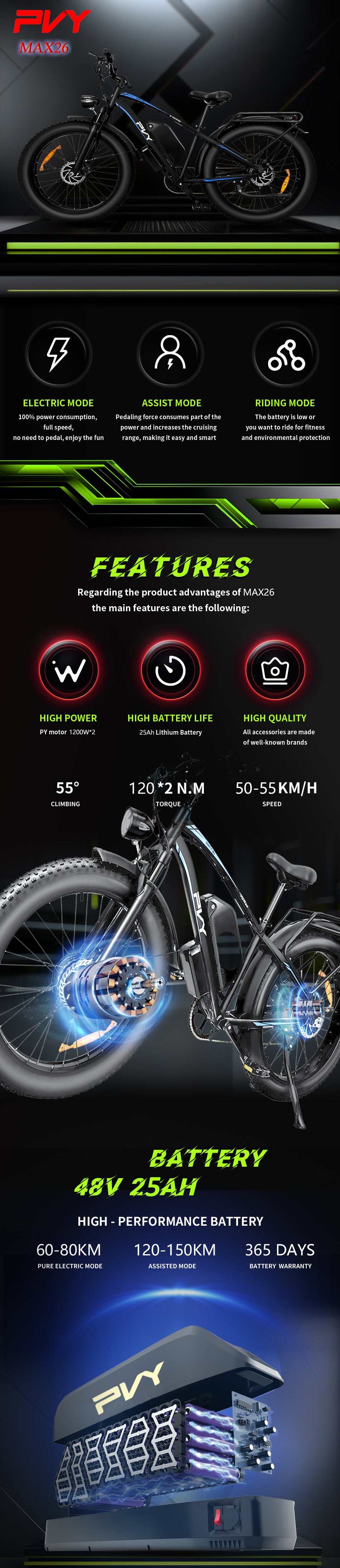 Electric Bike, 48V 25Ah Battery, 1200W*2 Dual Motors, 26 Inch Fat Snow Tires, Top Speed 25KM/H, 80-150KM Long Range, 150KG Max Load Electric Bicycle