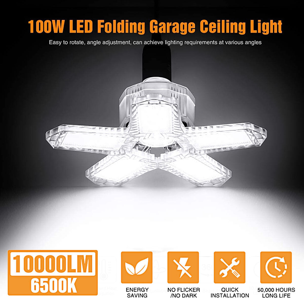 E27/E26 LED Bulb Super Bright Foldable Garage Light Fan Blade Ceiling Lamp 100W