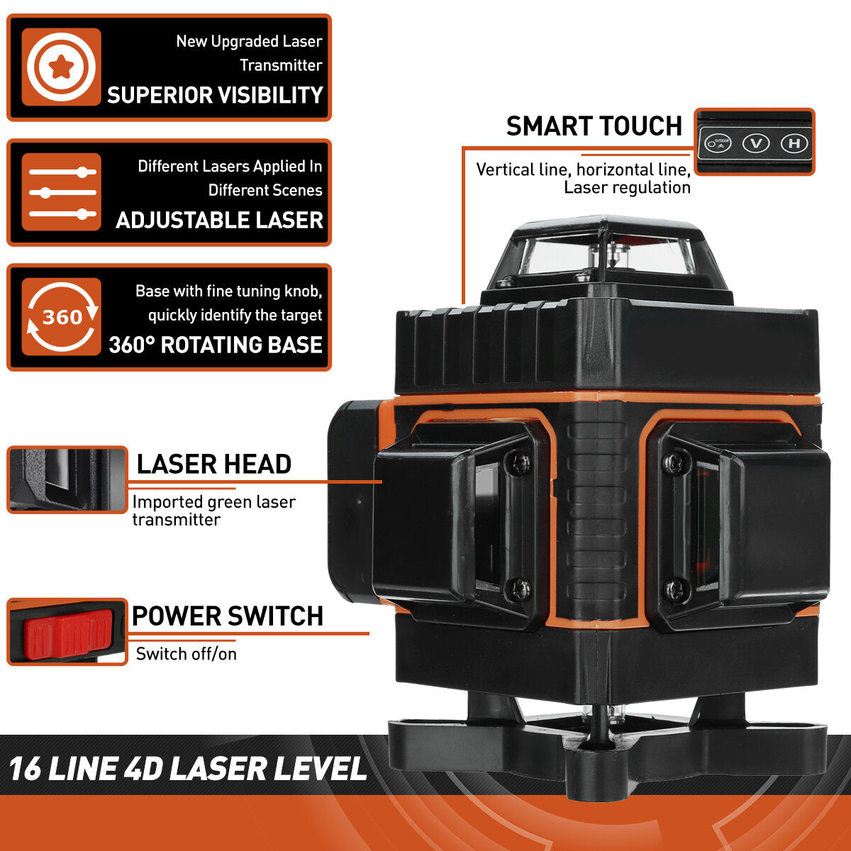 16 Line 360 Horizontal Vertical Cross 4D Green Light Laser Level Self-Leveling Measure Super Powerful Laser Beam
