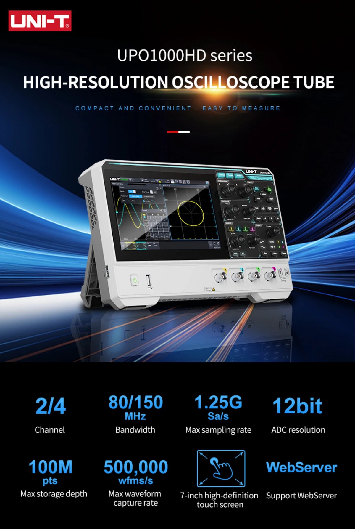 Oscilloscope 2/4 Channels 150MHz Bandwidth 12-bit ADC 1.25GSa/s Sampling Rate Large Storage Depth High-Definition Touch Screen