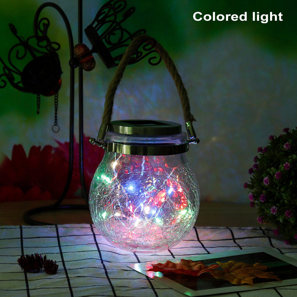 Hanging Solar Powered Crackle Glass Jar Lamp Lantern String Fairy Light Romantic Indoor Outdoor Decoration