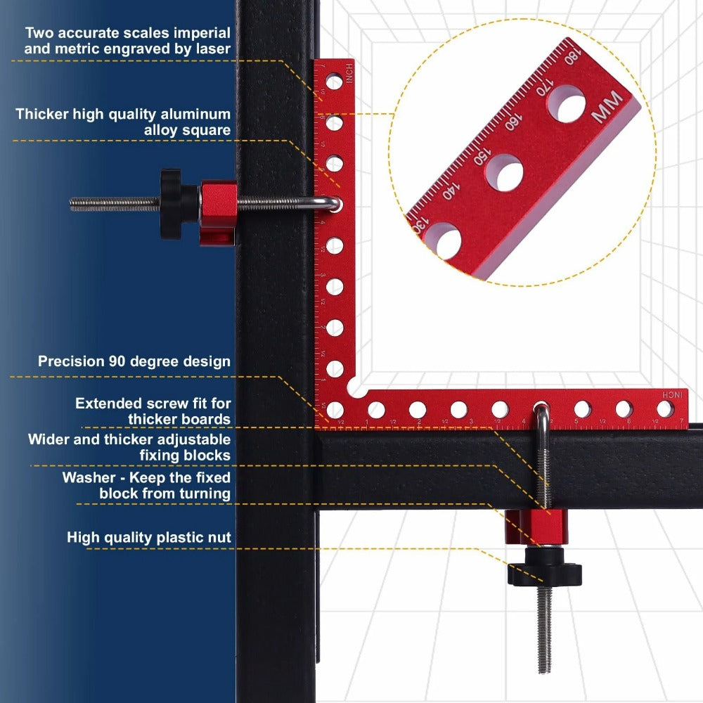 Woodworking Fixed Clip Square Ruler Set - Durable Aluminum Alloy, L-Type Design, Metric/Inch Scale, 2 Squares & 4 Clamp Hooks