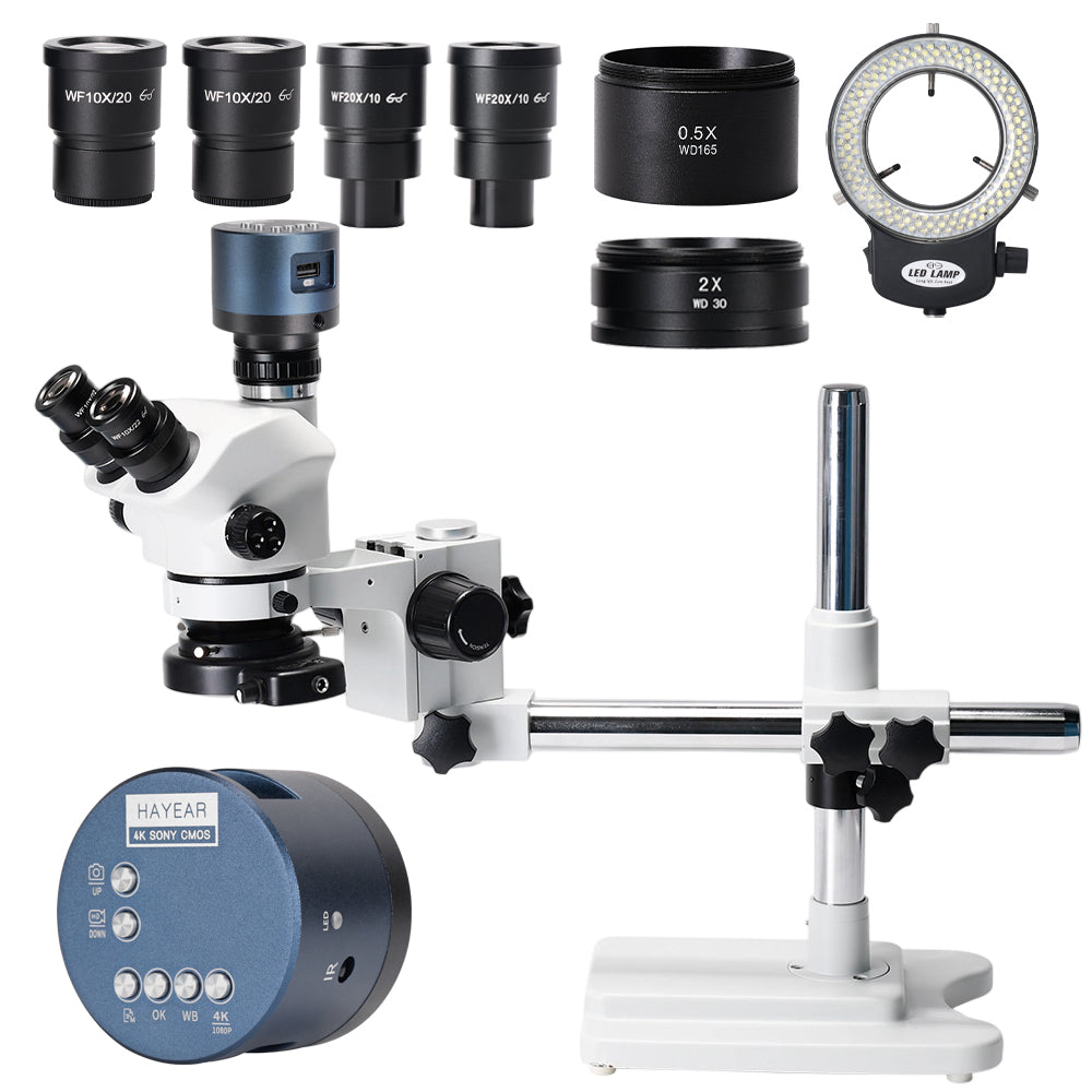 3.5X-200X Magnification Simul-Focal Trinocular Stereo Microscope 4K HDM Camera 144 LED Ring Light Metal Boom Stand Precision Imaging