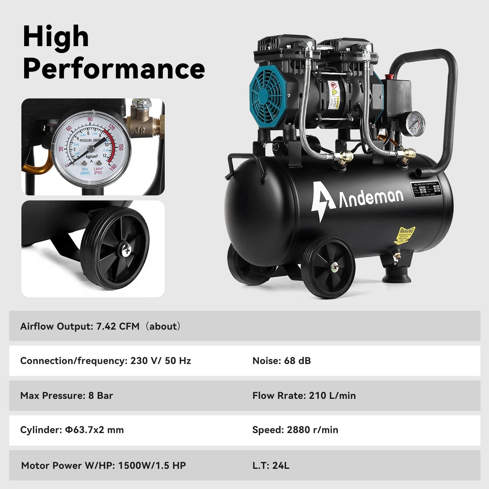 1200H-24 air compressor, oil-free, quiet, low-frequency 230V, 50HZ, 24L, 150W, custom model, high efficiency and low noise