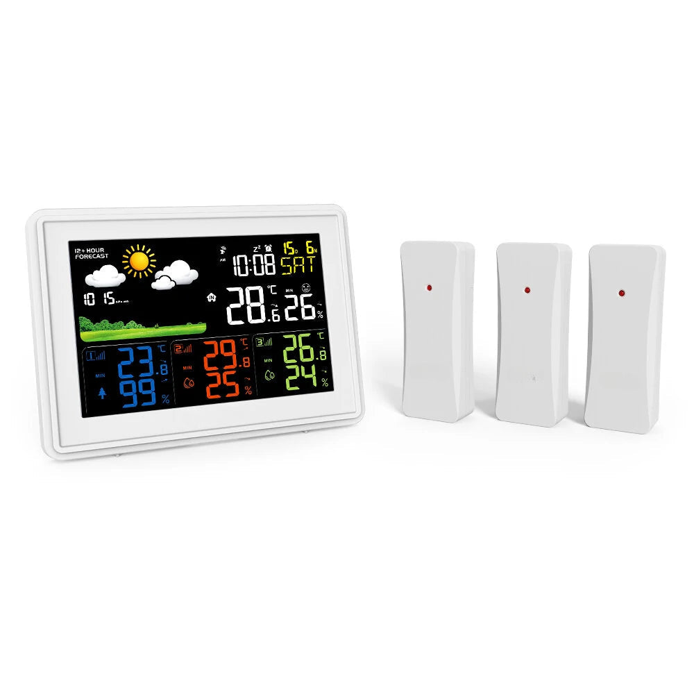 Weather Station Alarm Clock Wireless Indoor Outdoor Thermometer with Atomic Clock Forecast Station 3 Outdoor Sensors