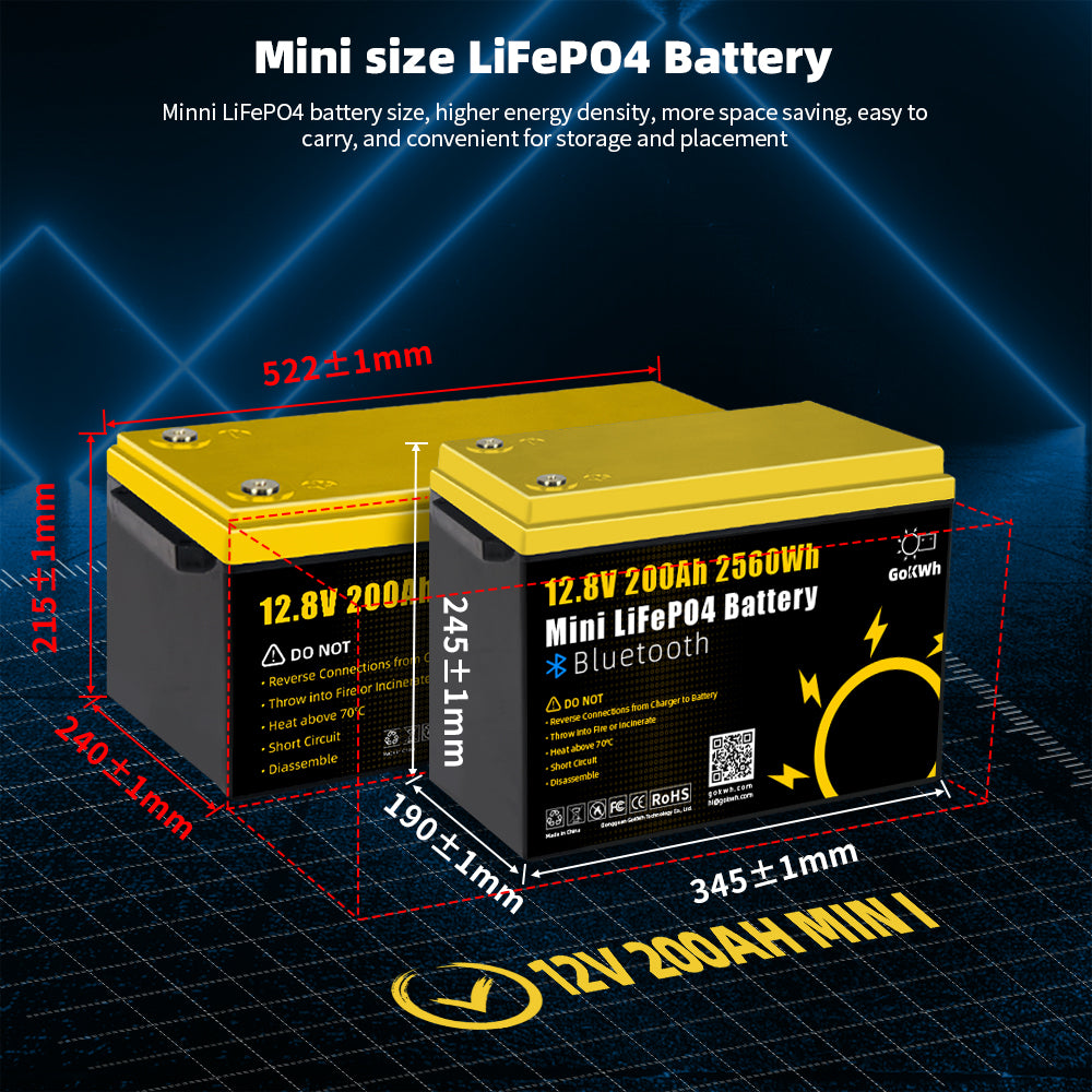 12V 200Ah Mini Bluetooth LiFePO4 Battery Built-in Bluetooth BMS 2560Wh LiFePO4(LFP) IP65 Protection