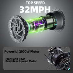 Electric Bike 48V 23Ah Battery Dual 1000W Motor 25KM/H Fat Tire 26x4.0 Inch 60KM Range 180KG Load Capacity Mountain Ebike