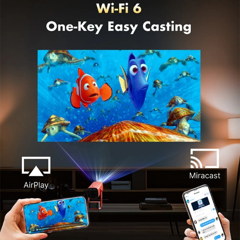 Portable Bluetooth Projector with Android OS, Wi-Fi 6, 350 ANSI Lumens, Auto-Focus, 270� Rotation, Netflix & YouTube, EU Plug