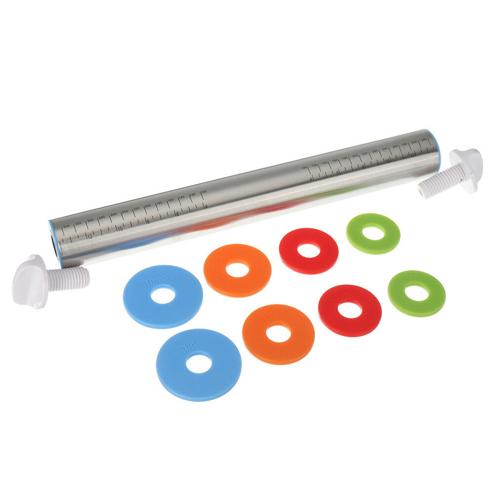 17 Inch Stainless Steel Rolling Pin Adjustable Roller Pin with Silicone Baking Mat 4 Removable Thickness Rings for Baking